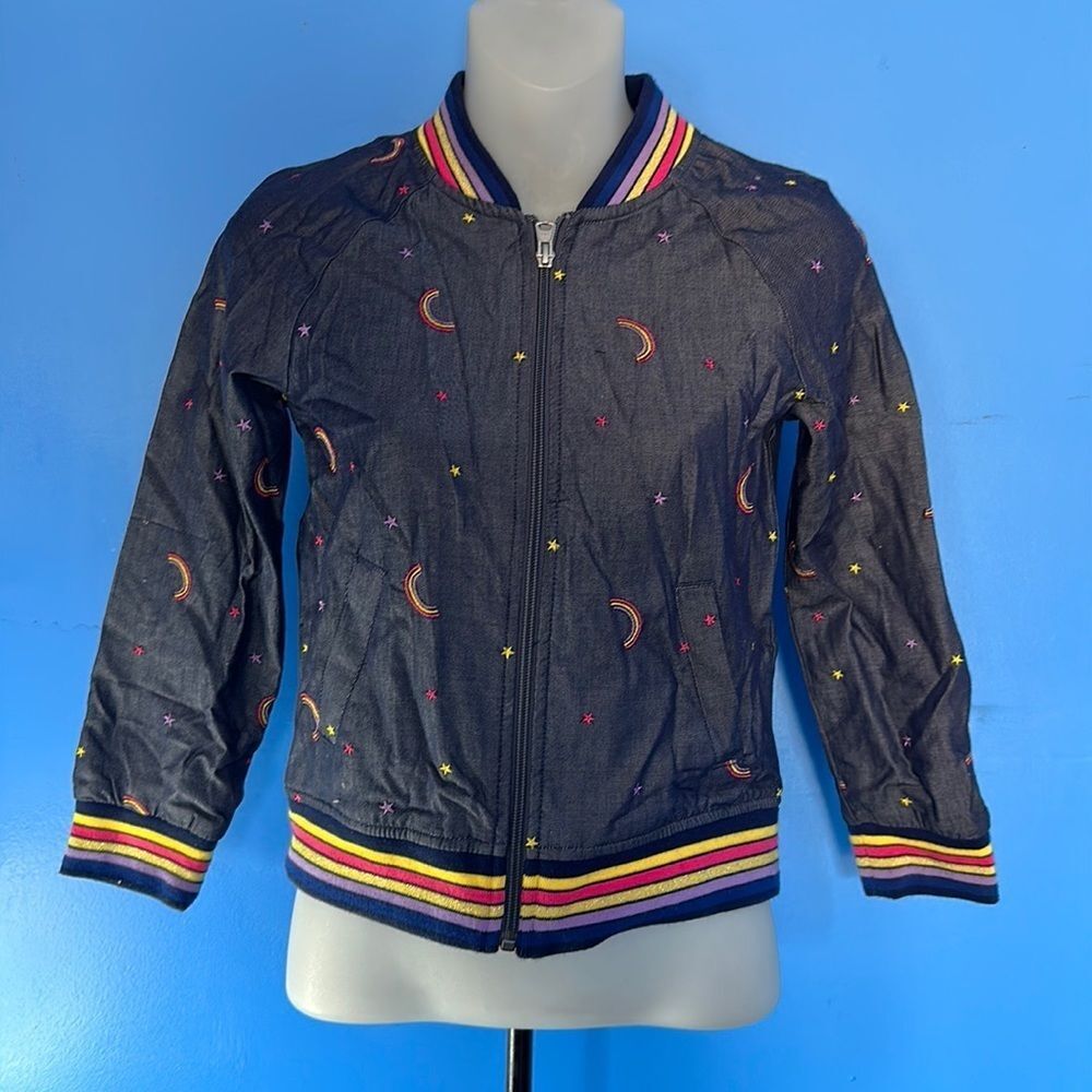 Cat & Jack Girls Size 7/8 Denim Jacket Full Zip Rainbow Star Design